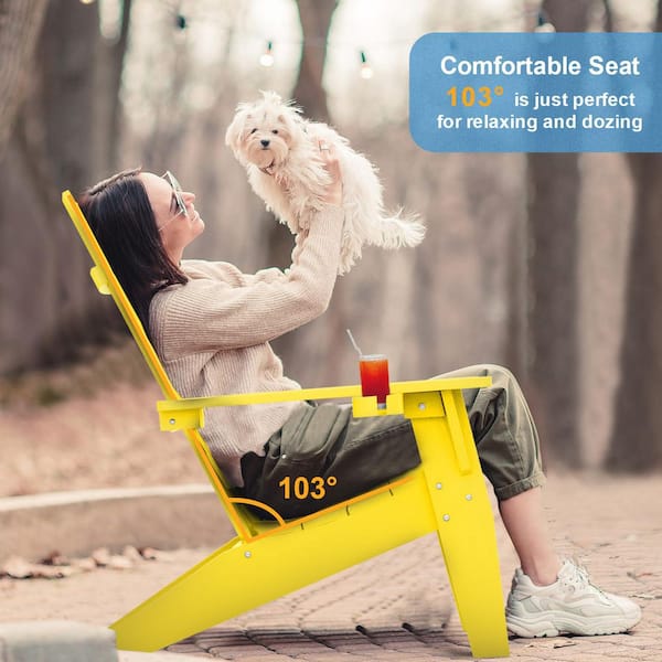 Oversize Modern Yellow Plastic Outdoor Patio Adirondack Chair with Cup Holder