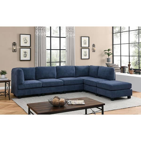 Sabina Modern 120 in. 6-Piece Polyester Blend Modular Sectional Sofa in Dark Blue with Ottoman
