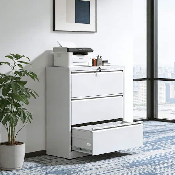 Belira Modern 3-Drawer White Metal 35.43 in. W Lateral Vertical Locking Storage File Cabinet