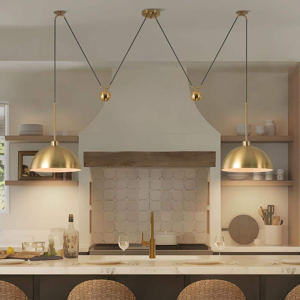 13.78 in. 2-Lights Classic Gold Adjustable Hanging Pendant Light with Metal