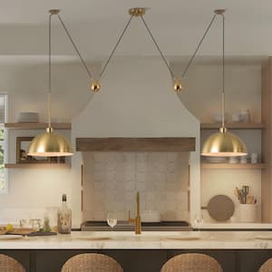 13.78 in. 2-Lights Classic Gold Adjustable Hanging Pendant Light with Metal Shades