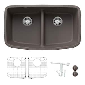 Valea 32 in. Undermount Double Bowl Volcano Gray Granite Composite Kitchen Sink Kit with Accessories
