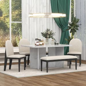 Modern Style 6-Piece White Rectangular Faux Marble Top Dining Table Set Seats-6 with 4-Upholstered Chairs and Bench