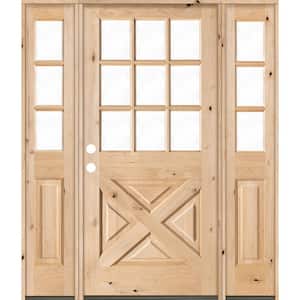 60 in. x 80 in. Knotty Alder 2 Panel Right-Hand/Inswing Clear Glass Unfinished Wood Prehung Front Door w/Double Sidelite