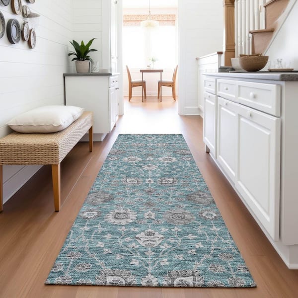 Mayfield Premium Machine Washable Abstract AMF1155 Teal 2 ft. 3 in. x 7 ft. 6 in. Runner Rug
