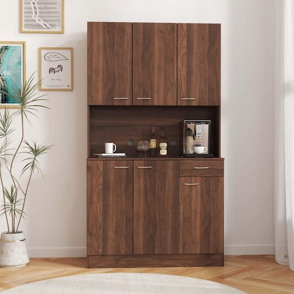 39 in. W x 15 in. D x 71 in. H Brown Linen Cabinet, Tall Wardrobe, Kitchen Cabinet with 6-Doors, 1 Shelves, 1-Drawer