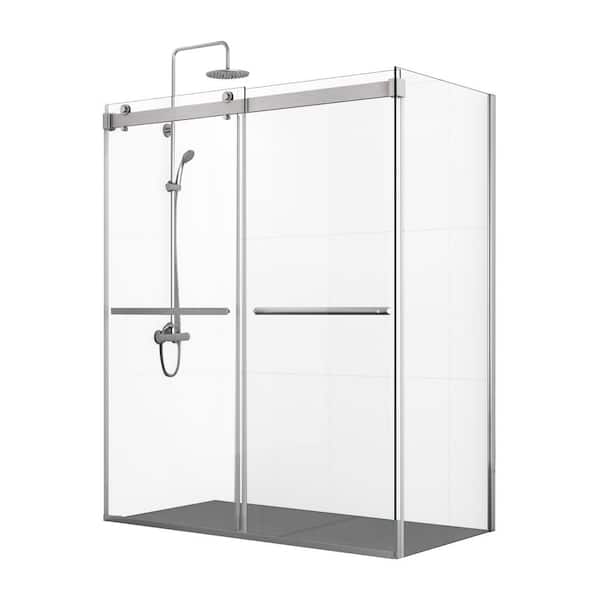 ROSWELL Spezia 64 in. W x 76 in. H Rectangle Double Sliding Semi Frameless Shower Enclosure in Brushed Nickel with Clear Glass