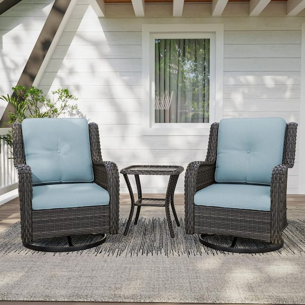 3-Piece Patio Brown Wicker Frame Outdoor Rocking Swivel Chair Conversation Set with Light Blue Cushions and 1 Side Table