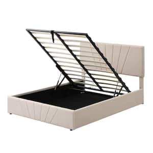 Beige Linen Upholstered Platform Bed Frame with Hydraulic Storage System, Full Platform Bed with Gas Lift Up Storage