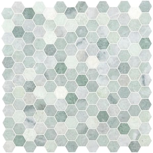 Take Home Sample - Icelandic Green Hexagon 4 in. x 4 in Polished Marble Mesh-Mounted Mosaic Wall Tile