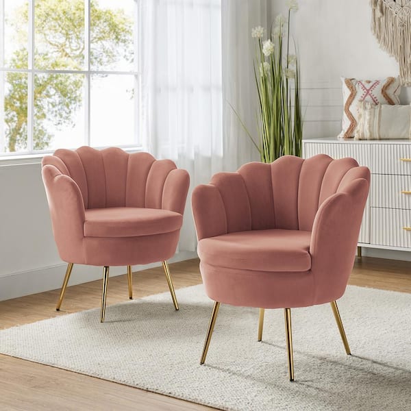 Fidelia Golden Legs Pink Tufted Barrel Chair with Scalloped Seashell Edges (Set of 2)