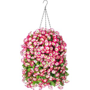 25 in. Pink Indoor/Outdoor Artificial Faux Hanging Morning Glory Flowers Fake Silk Flowers UV Resistant in White Pot