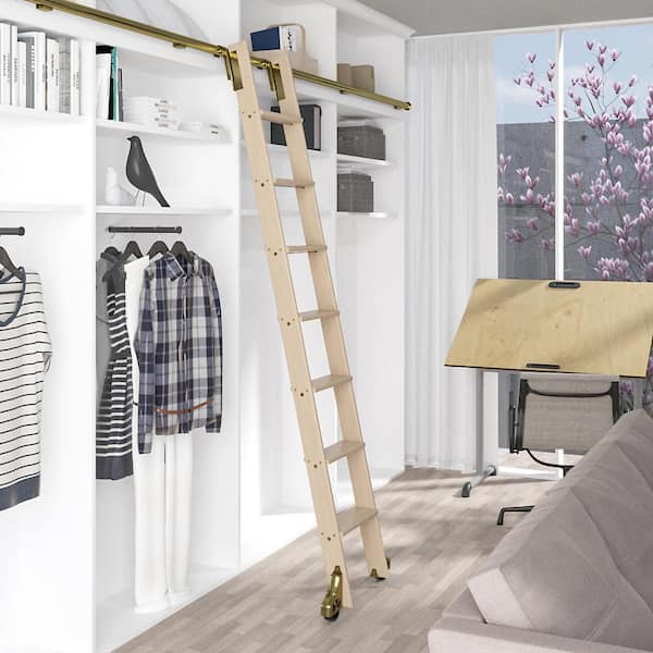 92 in. Clear Pre-Finished Maple Library Ladder (104 in. Reach) Polished Brass Top Hook Ladder Kit with 12 ft. Rail