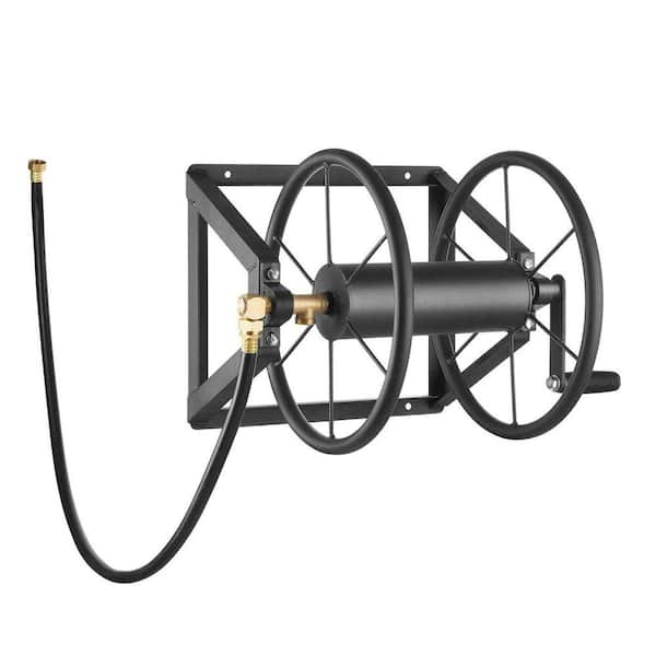 Wall Mounted Garden Hose Reel-200ft Heavy-Duty Steel with Brass Fittings, Space-Saving Manual Hose Winder