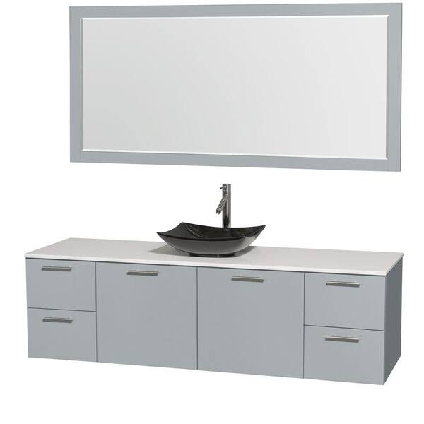Wyndham Collection Amare 72 in. W x 22 in. D Vanity in Dove Gray with Solid-Surface Vanity Top in White with Black Basin and 70 in. Mirror