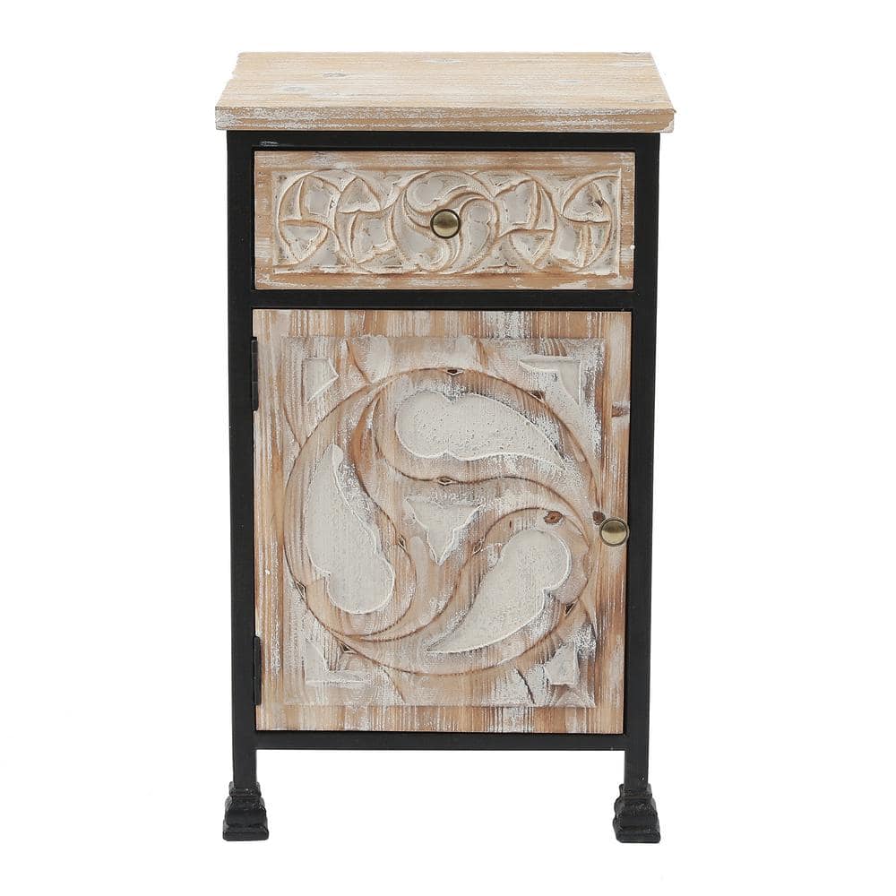 White Fir Wood and Black Iron Bohemian Nightstand with Storage