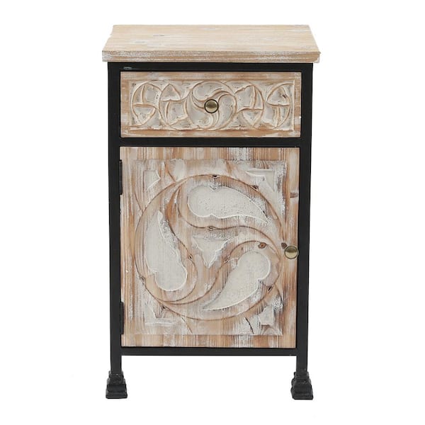 LuxenHome Black Metal Frame and Carved Wood 1-Door 1-Drawer End Table with Storage