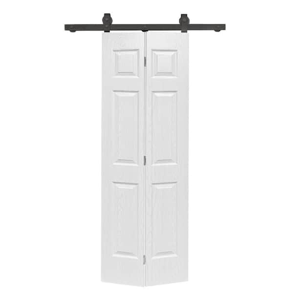 28 in. x 80 in. 6 Panel Hollow Core White Composite Texture Bi-Fold Door with Sliding Barn Door Hardware Kit