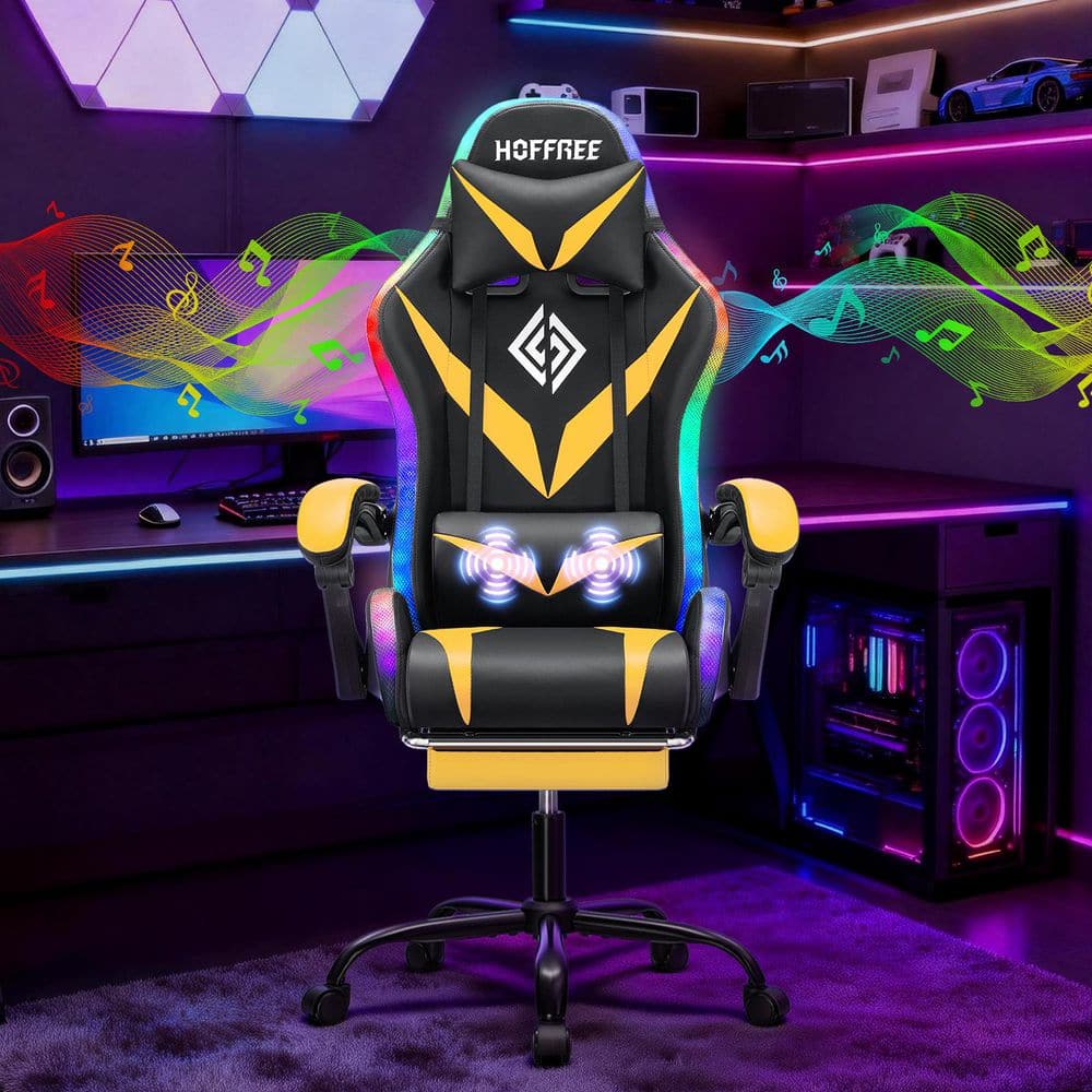 Faux Leather Massage LED Gaming Chair with Bluetooth Speaker in Black and Yellow with Footrest Headrest Lumbar Support price history on PriceWatchPro