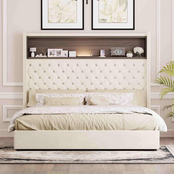 Beige MDF Frame Queen Platform Bed with USB Port ,Night Light and Headboard Shelf