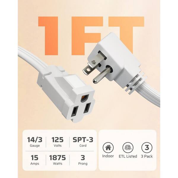 Dewenwils 1 Ft. SJTW 14 / 3 Gauge Indoor Extension Cord With 3-Prong Outlets And Flat Head, 3 Pack, White HRCW01C