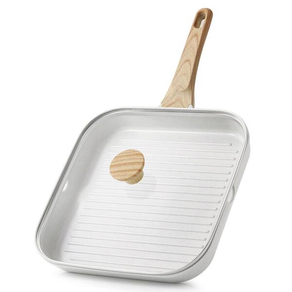11 in. Square Grill Pan with Lid Nonstick Ceramic White 1-Piece