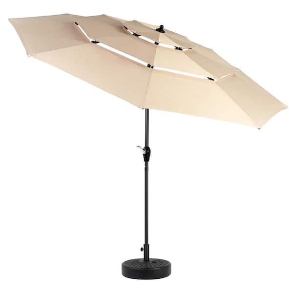 10 ft. Steel 3-Tier Outdoor Market Patio Umbrella Tilt and Crank Ventilate Umbrella Without Base in Khaki