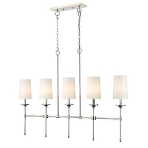 Emily 5.5 in. 5-Light Polished Nickel Island Billiard Light with Off White Cloth Cover Shade