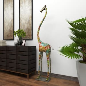 Multi Colored Metal Indoor Outdoor Tall Giraffe Sculpture with Detailed Embossed Scrollwork