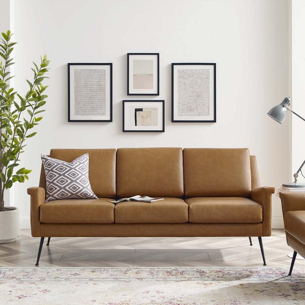 Tan Faux Leather Sofa with Removable Cushions and Wood Frame