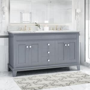 61 in. W x 22 in. D x 40 in. H Double Sink Freestanding Bath Vanity in Gray with Marble Top (No Assembly Required)