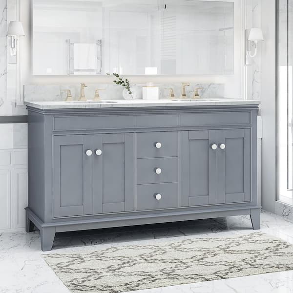 Polibi 61 in. W x 22 in. D x 40 in. H Double Sink Freestanding Bath Vanity in Gray with Marble Top (No Assembly Required)