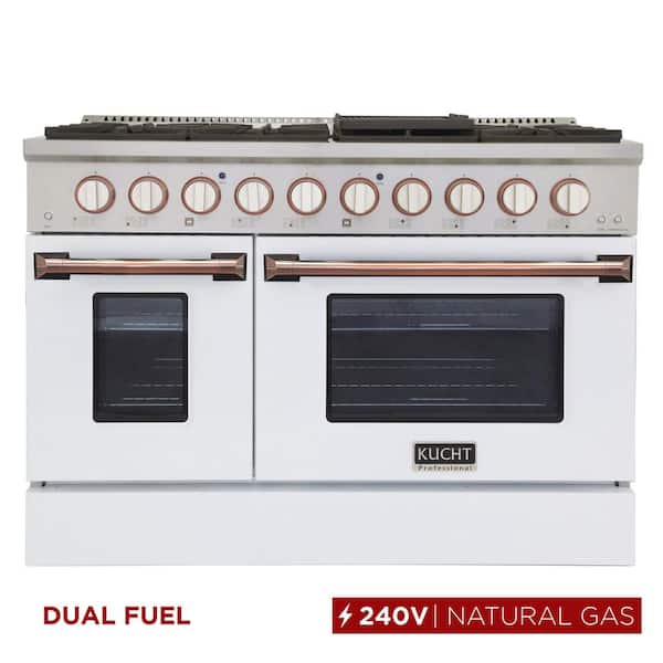 48 in. 6.7 cu. ft. Double Oven Dual Fuel Range with Gas Stove and Electric Oven in. White & Rose Gold