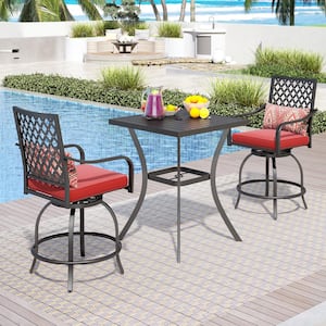 3-Piece Metal Square Outdoor Bistro Patio Bar Set with Swivel Bistro Chairs with Red Cushion