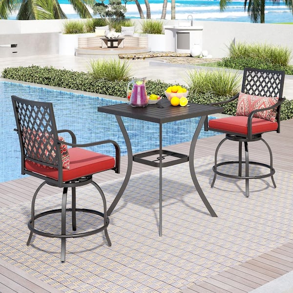 PHI VILLA 3-Piece Metal Square Outdoor Bistro Patio Bar Set with Swivel Bistro Chairs with Red Cushion