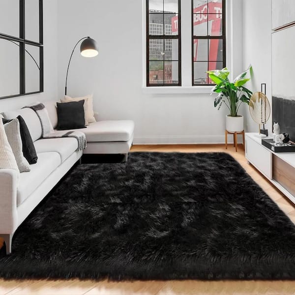 Sheepskin Faux Furry Black Shaggy Cozy Rugs 5 ft. x 6 ft. 6 in. Area Rug