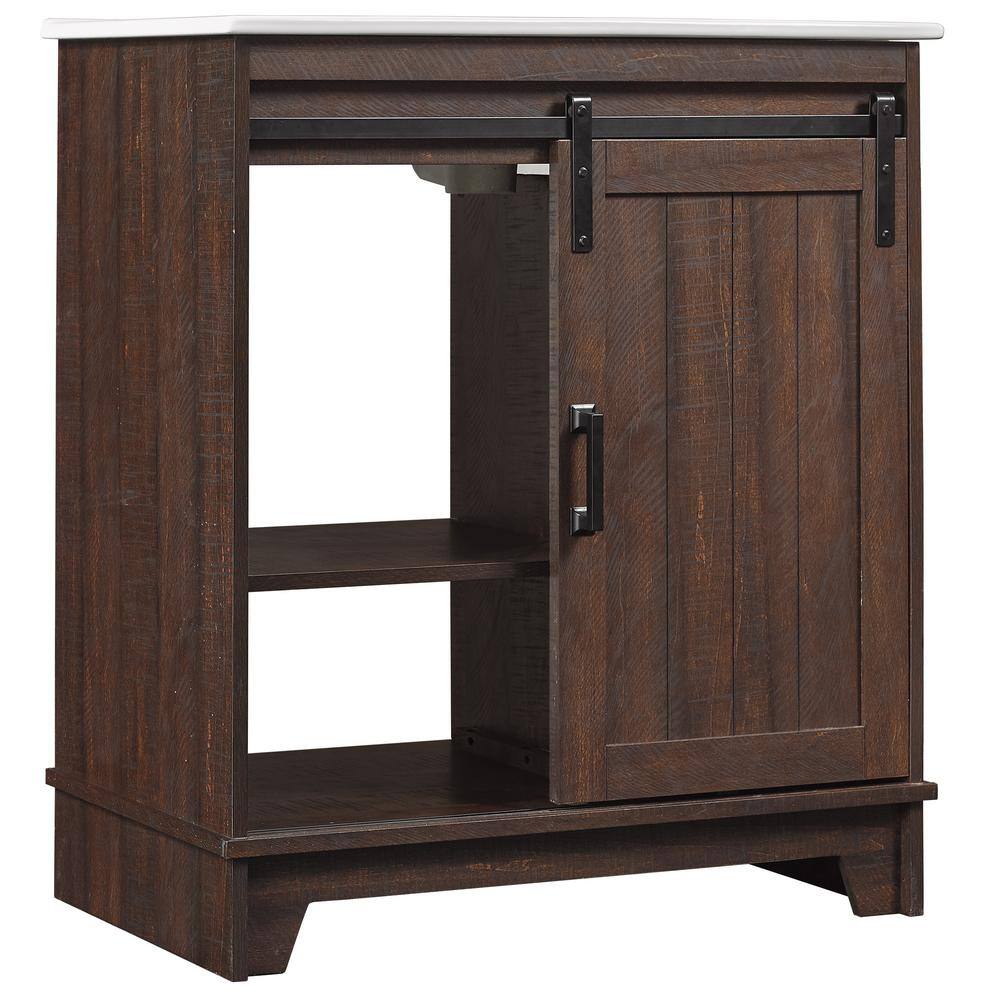 Antique Brown Cherry 30" Farmhouse Sliding Barn Door Bathroom Vanity