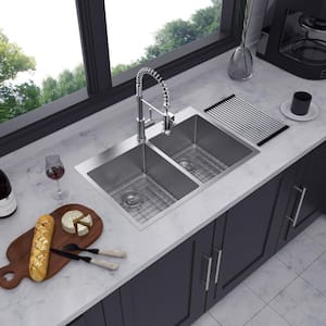33 in. L x 22 in. W Drop-in Double Bowls 16-Gauge Stainless Steel Kitchen Sink in Brushed Nickel