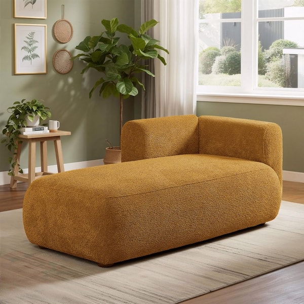 Xandra Modern Orange Boucle Polyester Upholstered Chaise Lounge with Round Wooden Legs, Foam + Spring, Left Arm
