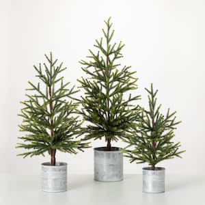 30 in. 24.5 in. and 18.75 in. Pine Tree In Metal Pots - Set of 3, Green