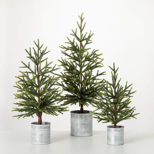 SULLIVANS 30 in. 24.5 in. and 18.75 in. Pine Tree In Metal Pots - Set of 3, Green
