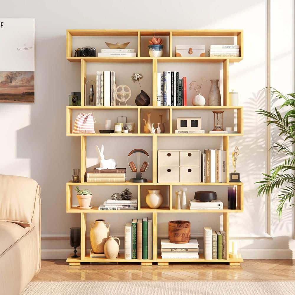 64 in. Tall Splicing Wood 6-Tier Bookcase with 2 Anti-Tipping Kits, Wooden Display Shelf for Home Office