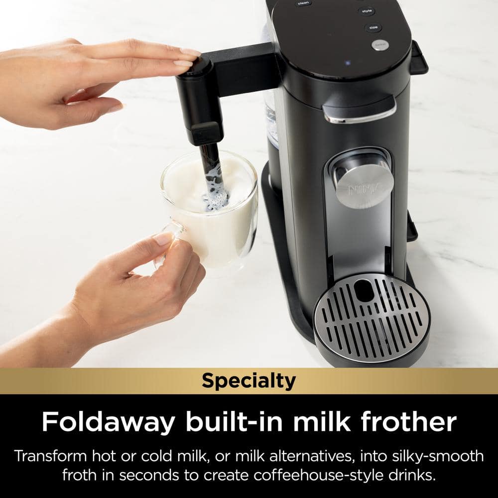 Black Single-Serve Coffee Maker with Integrated Milk Frother