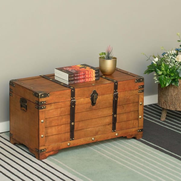 Brown Rustic Large Wooden Storage Trunk with Lockable Latch