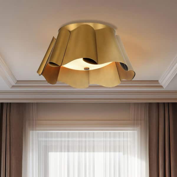 Waveform 14 in. 3-Light Legacy Brass Contemporary Flush Mount with Etched Seeded Glass and Metal Shades No Bulb Included