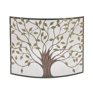 Bronze Metal Tree Sculpted Relief Single Panel Fireplace Screen with Curved Mesh Netting