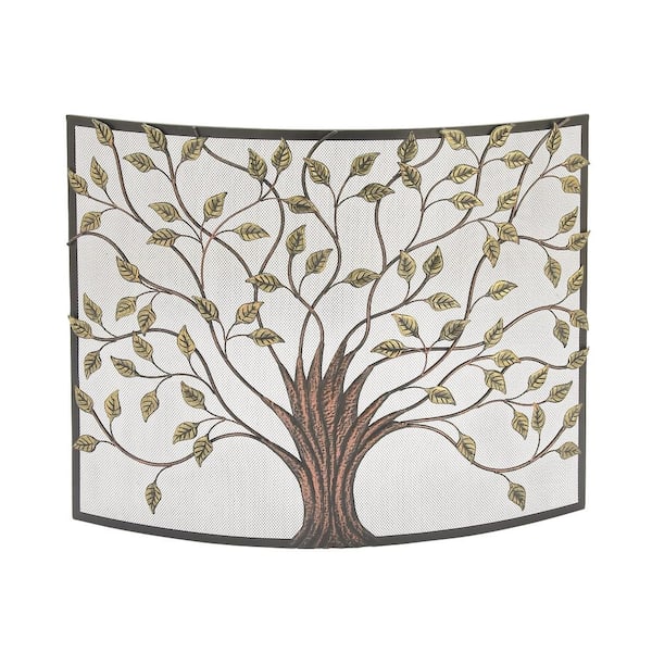 Litton Lane Bronze Metal Tree Sculpted Relief Single Panel Fireplace Screen with Curved Mesh Netting