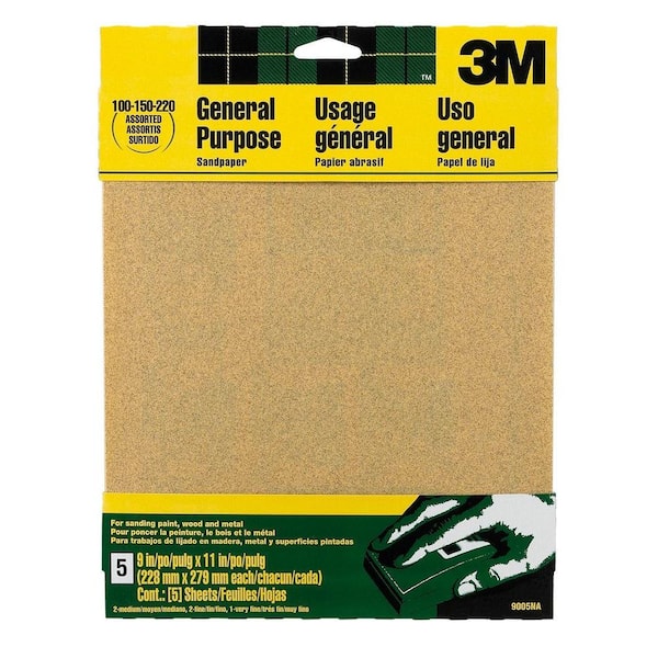 3M 9 in. x 11 in. 100, 150, 220 Grit Medium, Fine and Very Fine Aluminum Oxide Sand Paper (5 Sheets-Pack)