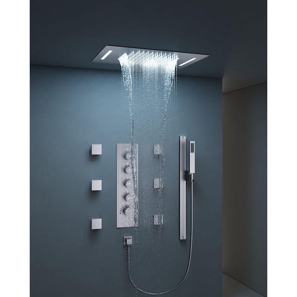 YAWWALK 15-Spray LED Mood Lighting 23 x 15 in. Ceiling Mount Dual and Handheld Shower 2.5 GPM with Slider Bar in Brushed Nickel