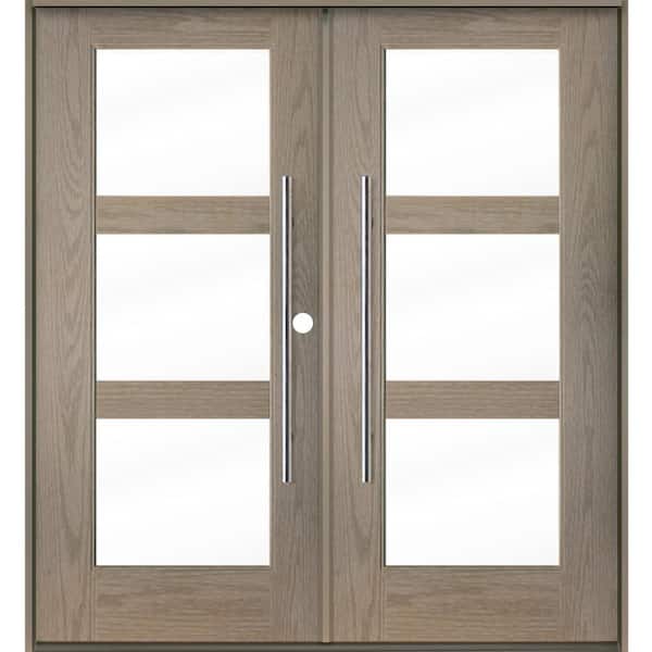 Krosswood Doors Faux Pivot 72 in. x 80 in. Left-Active/Inswing 3-Lite Clear Glass Oil Leather Stain Double Fiberglass Prehung Front Door